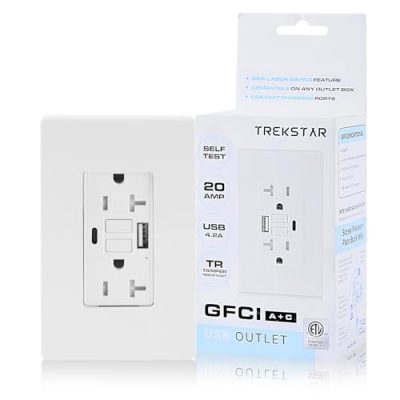 TrekStar GFCI USB Outlet 20 Amp Duplex Wall Receptacle with Built-in USB Type A & Type C Combo with 24W Charging Port for Smartphone, Self-Test, Tamper Resistant, White Wall Plate Cover Included -